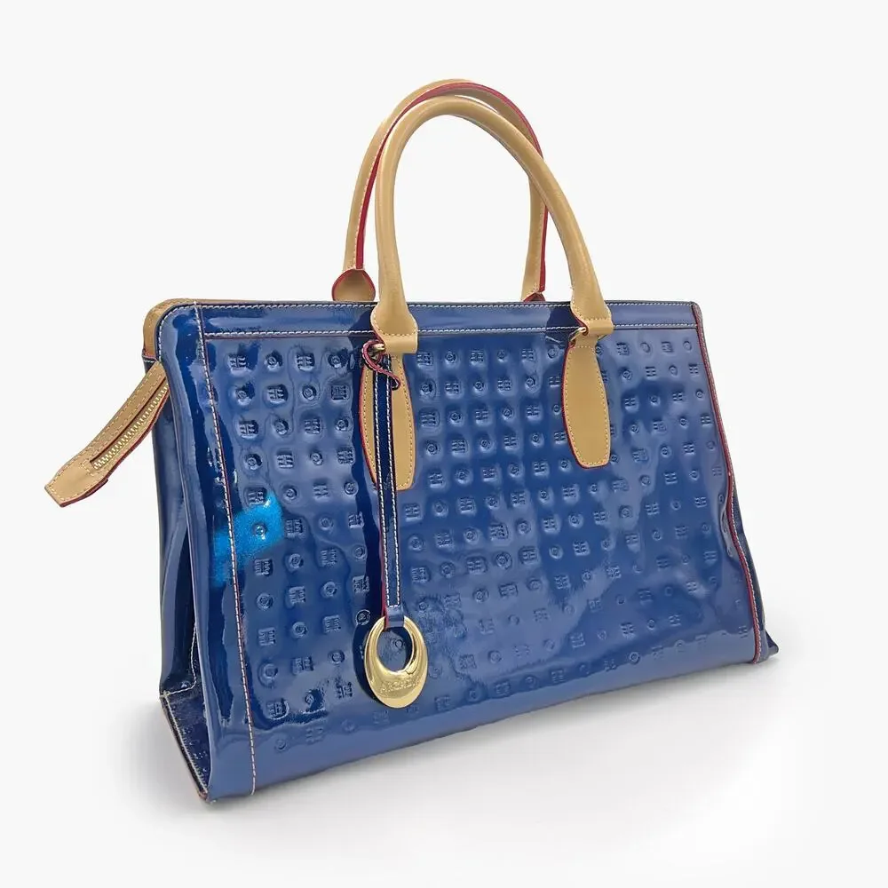 ARCADIA Patent Leather Logo Embossed Business Large Top Handles Tote Bag (Blue) - Picture 3 of 14